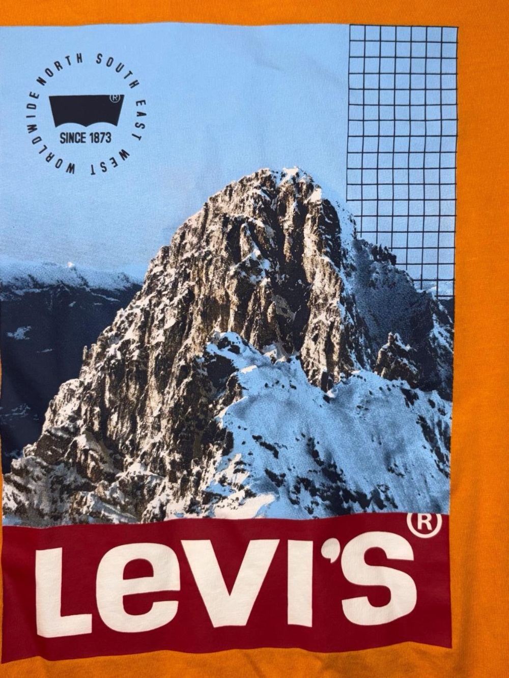 Levi's Orange Long Sleeve Tee with Blue Mountain Graphic and Red Logo - Picture 2 of 5